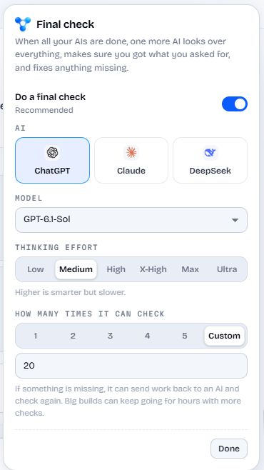 Choosing the AI, model and effort for the final check